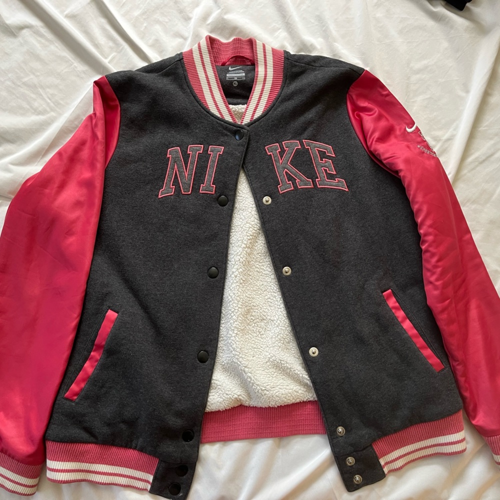 Nike Black and Pink Letterman Jacket